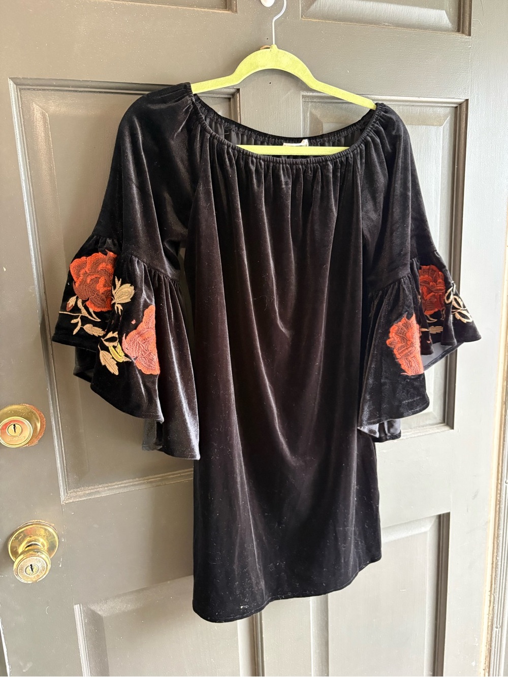 Black Velvet Off-Shoulder Dress with Orange Floral Embroidery